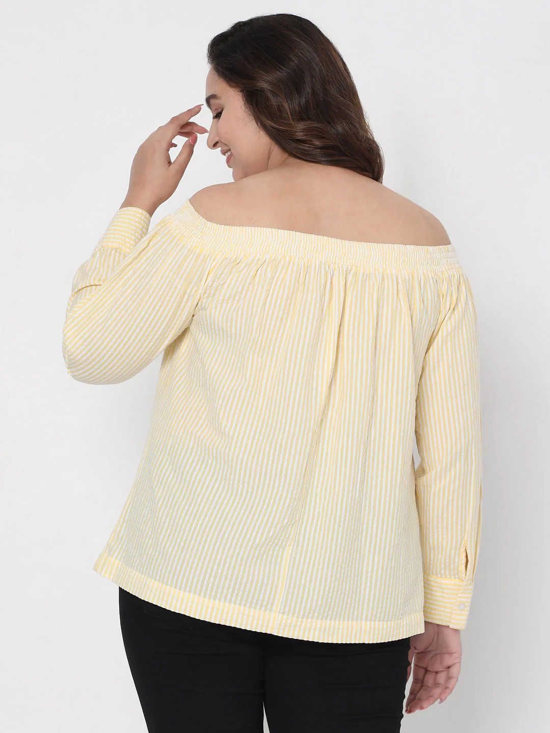 Curve Yellow Off Shoulder Striped Top - Image 4