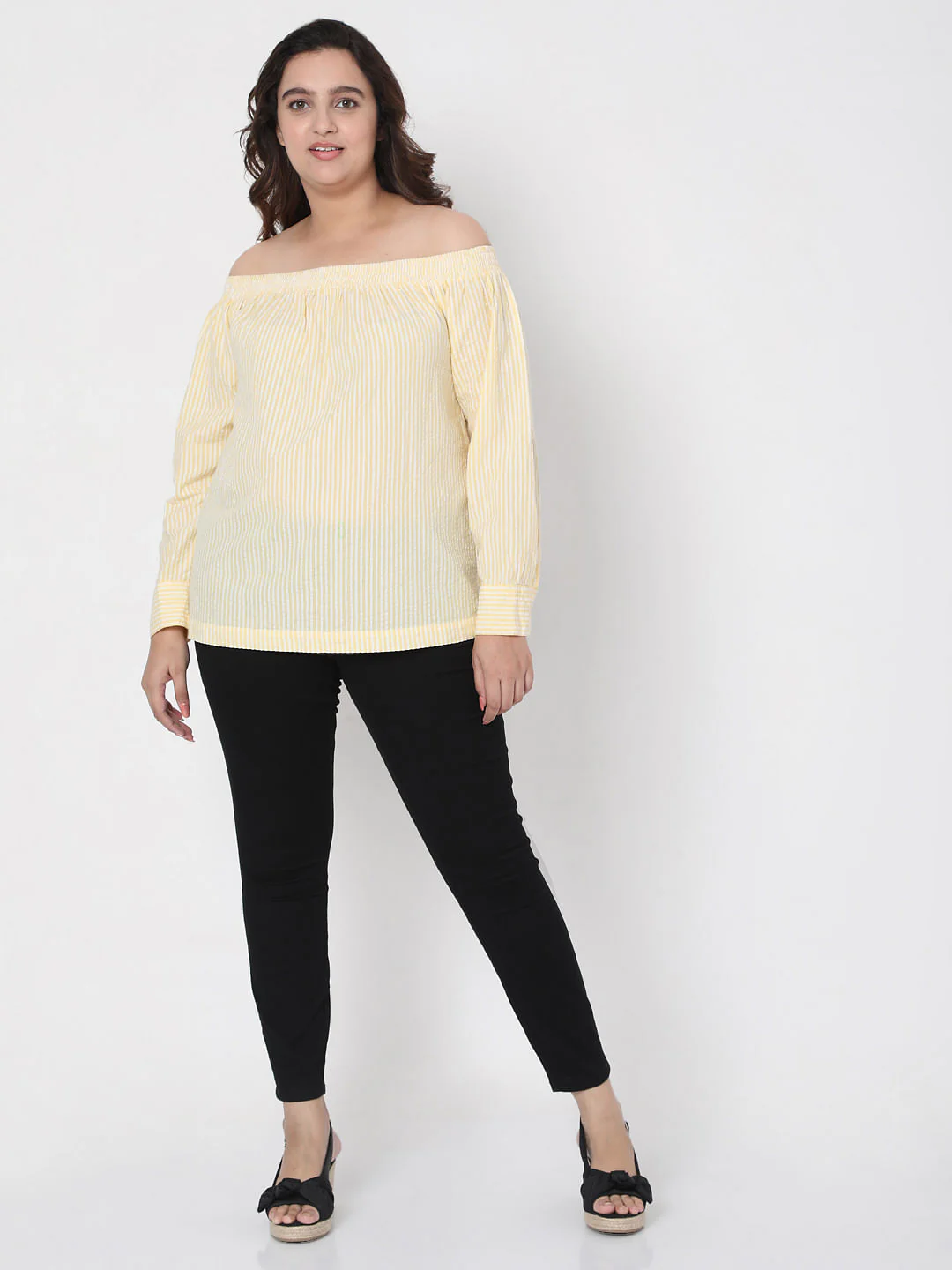 Curve Yellow Off Shoulder Striped Top - Image 5