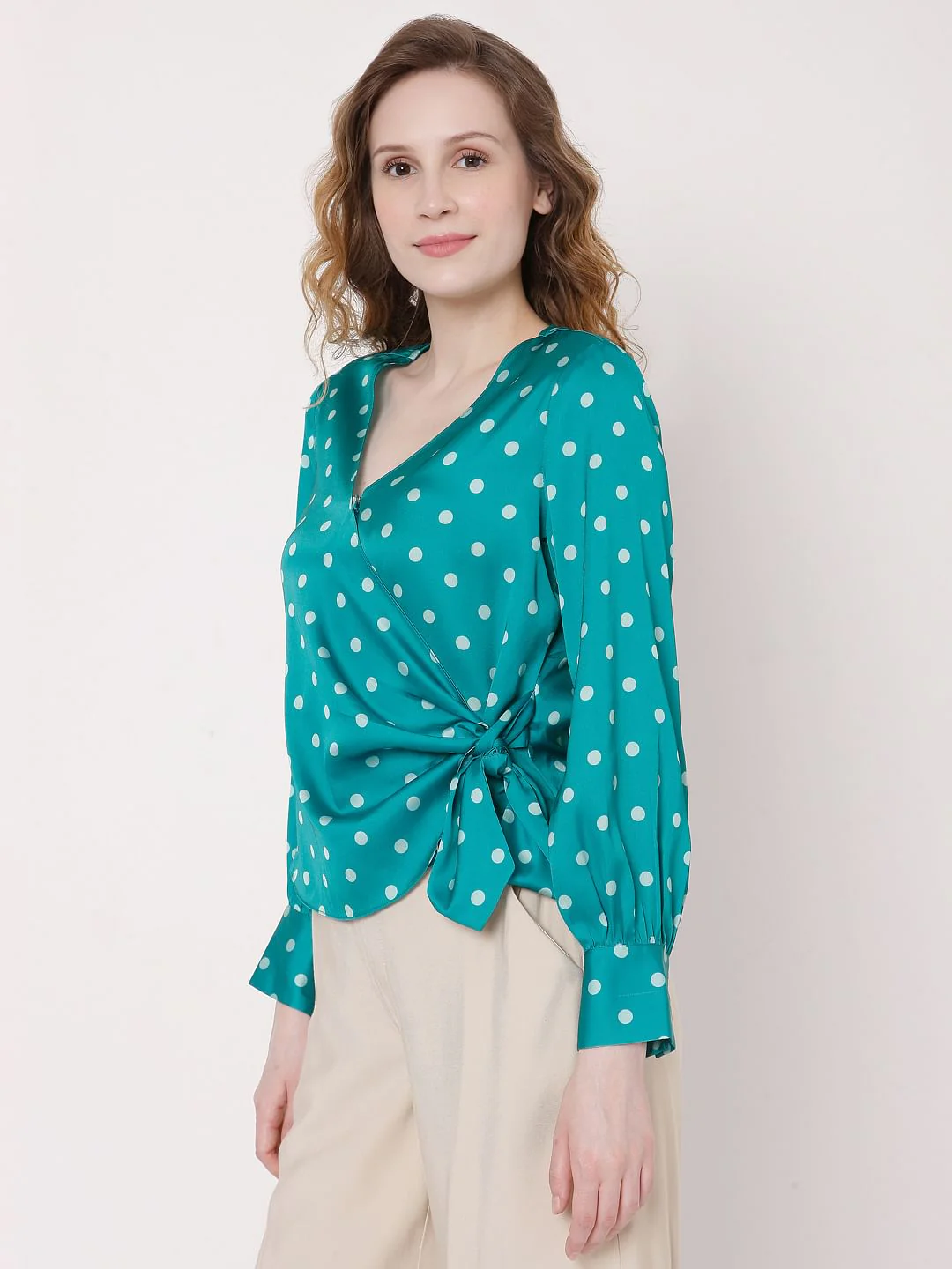 Teal Polka Dot Wrap Top - Image 3