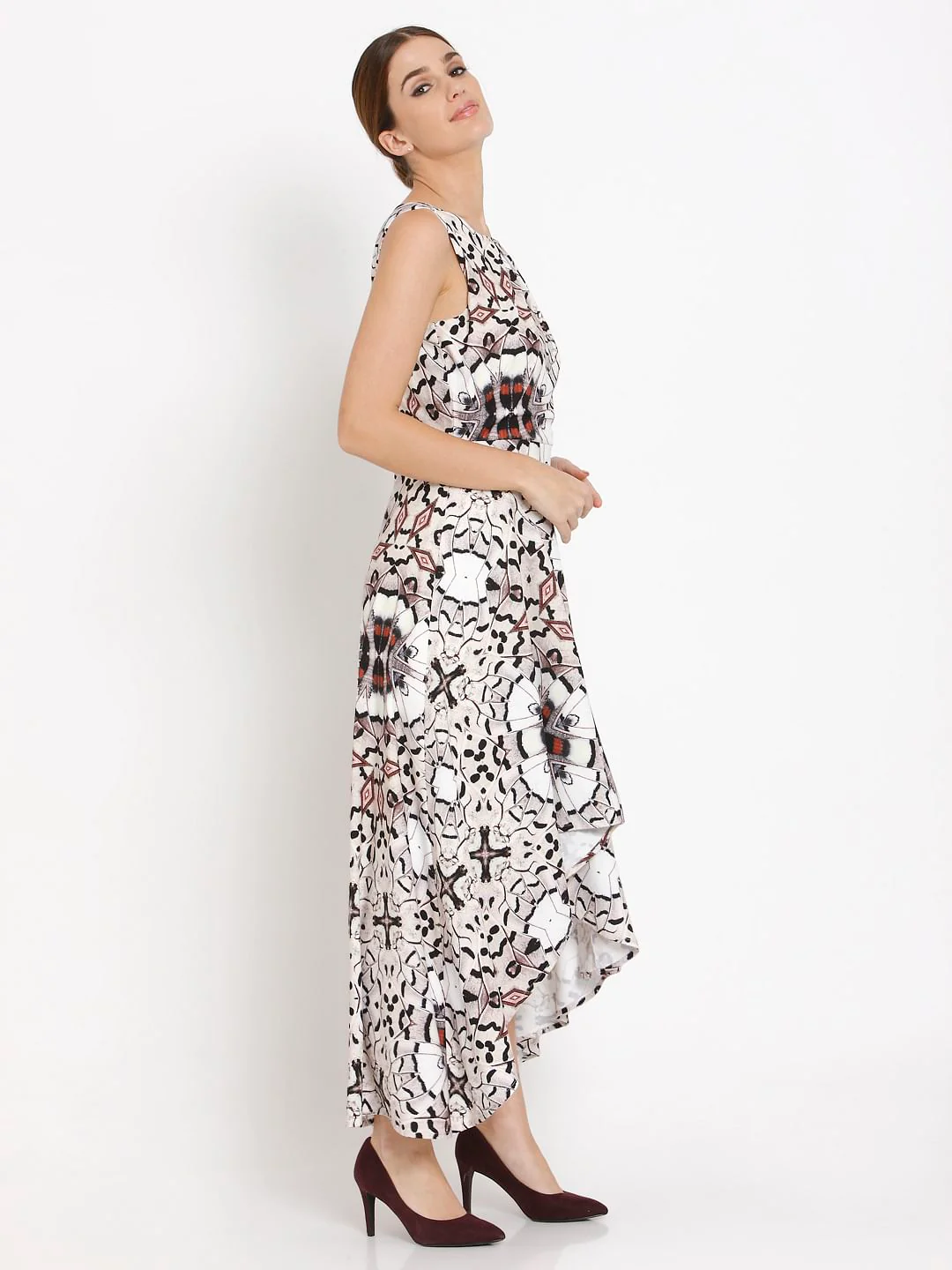 White Abstract Print Asymmetric Maxi Dress - Image 2
