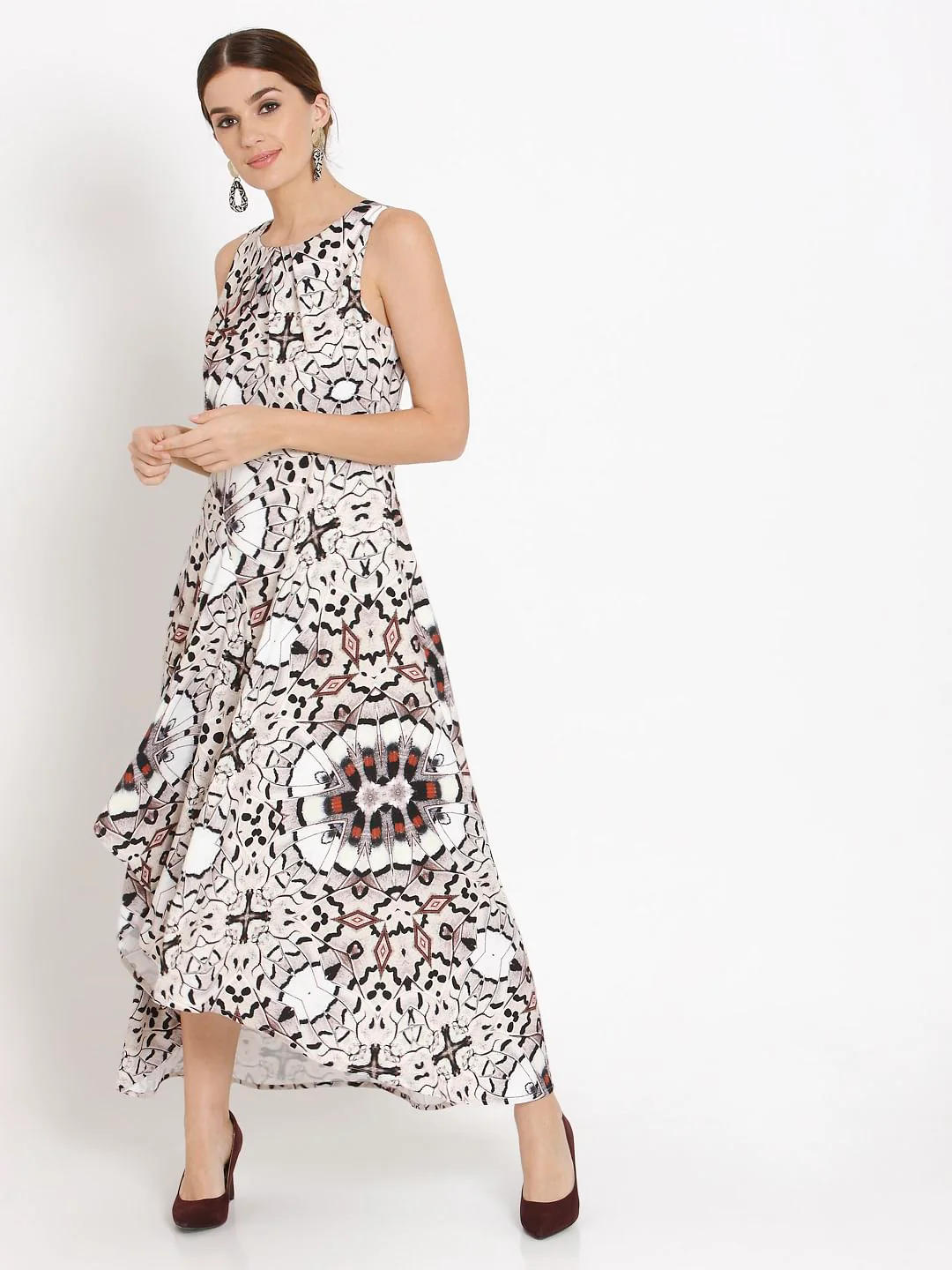White Abstract Print Asymmetric Maxi Dress - Image 3