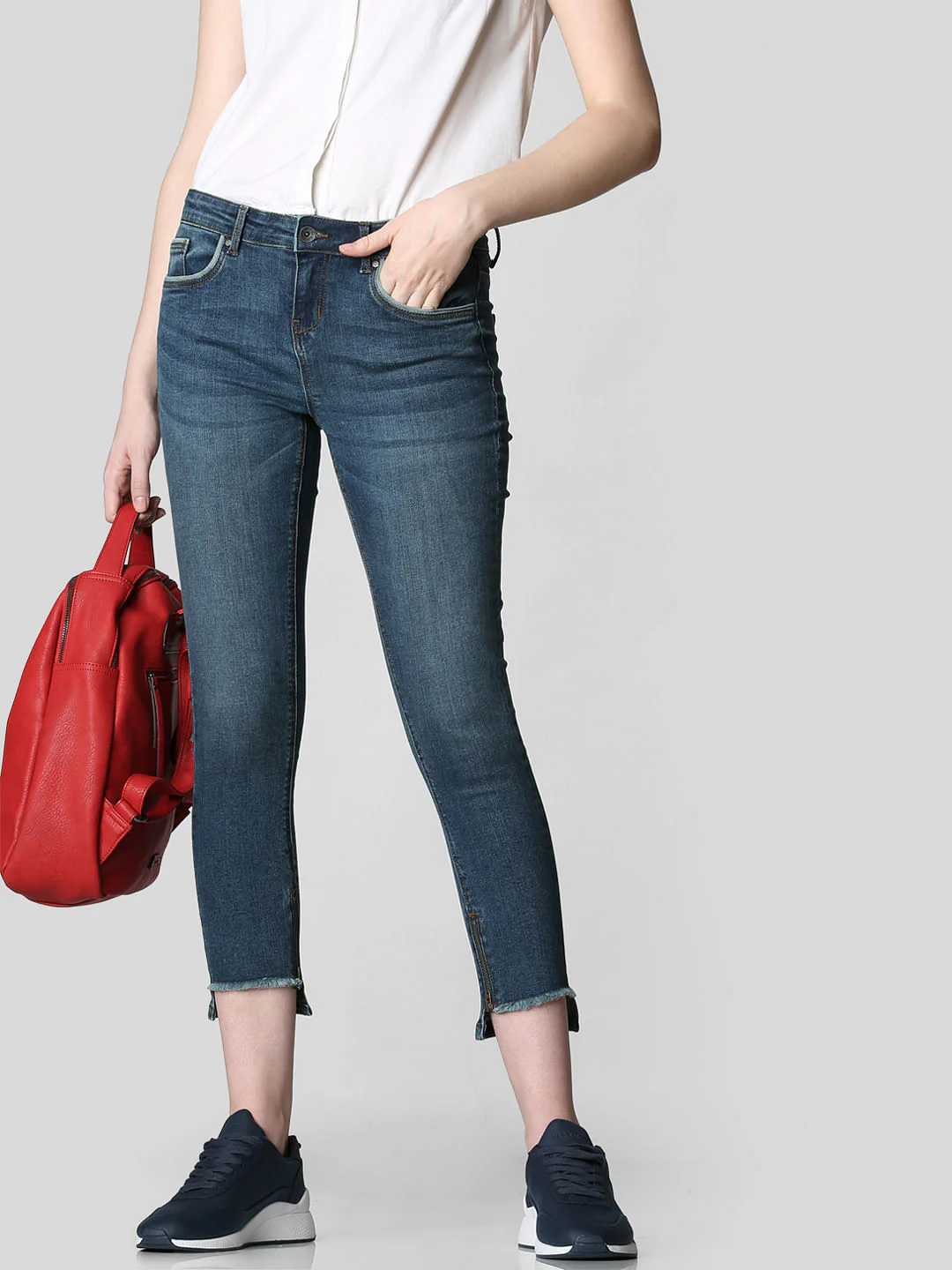 Blue Mid Rise Frayed Hem Skinny Jeans - Image 2