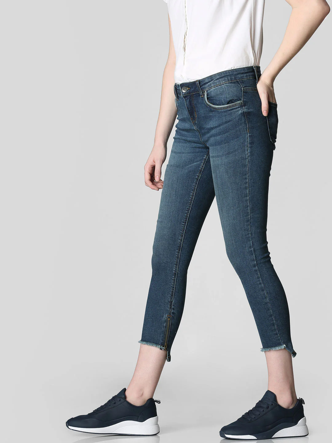 Blue Mid Rise Frayed Hem Skinny Jeans - Image 3