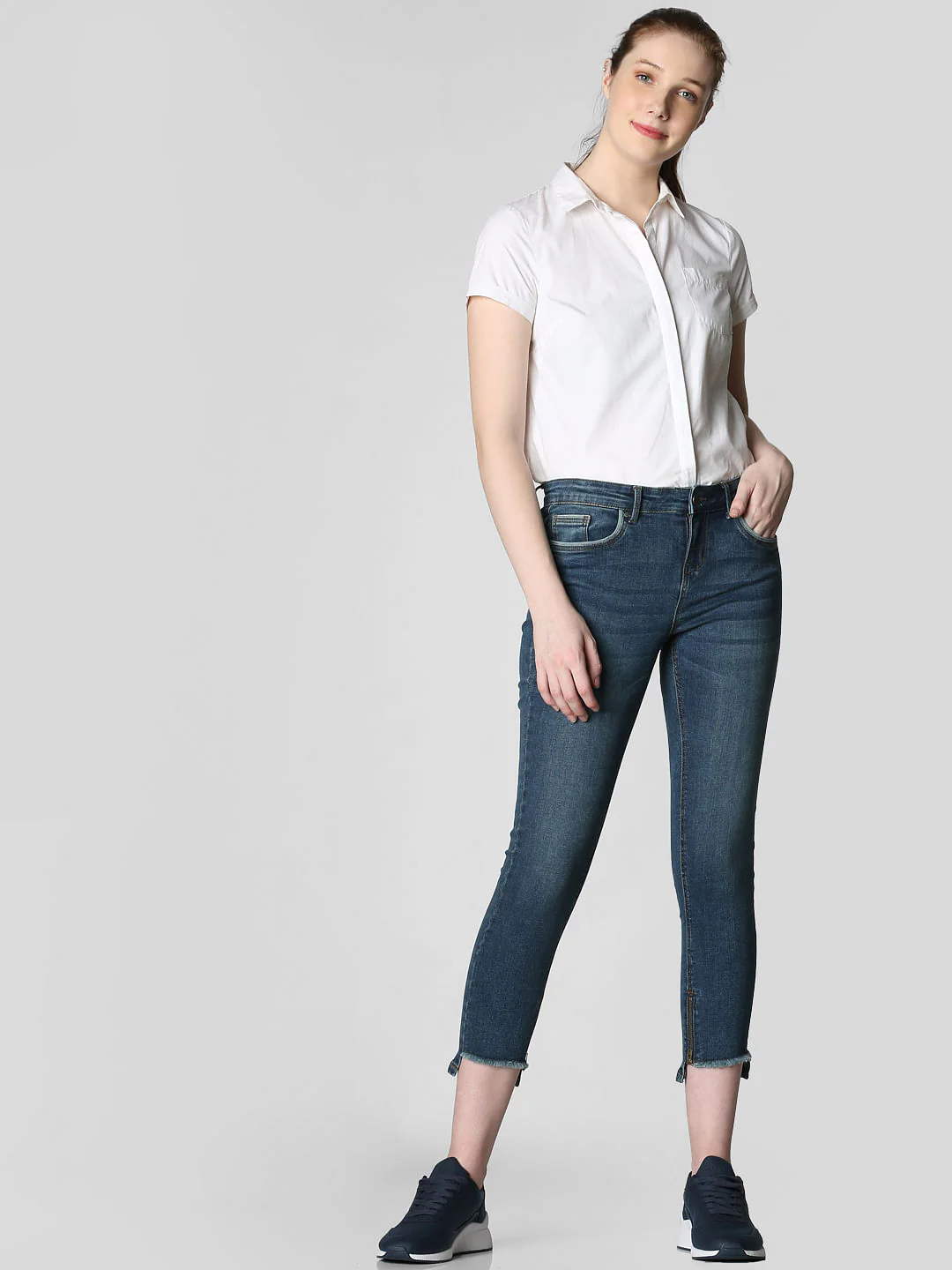 Blue Mid Rise Frayed Hem Skinny Jeans - Image 5