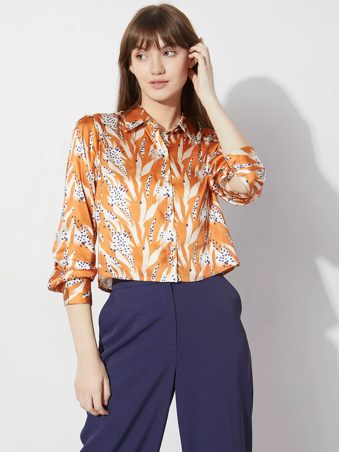 Brown Printed Cropped Shirt - Image 2
