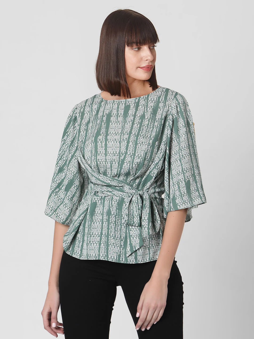 Green Geometric Print Wrap Top - Image 2
