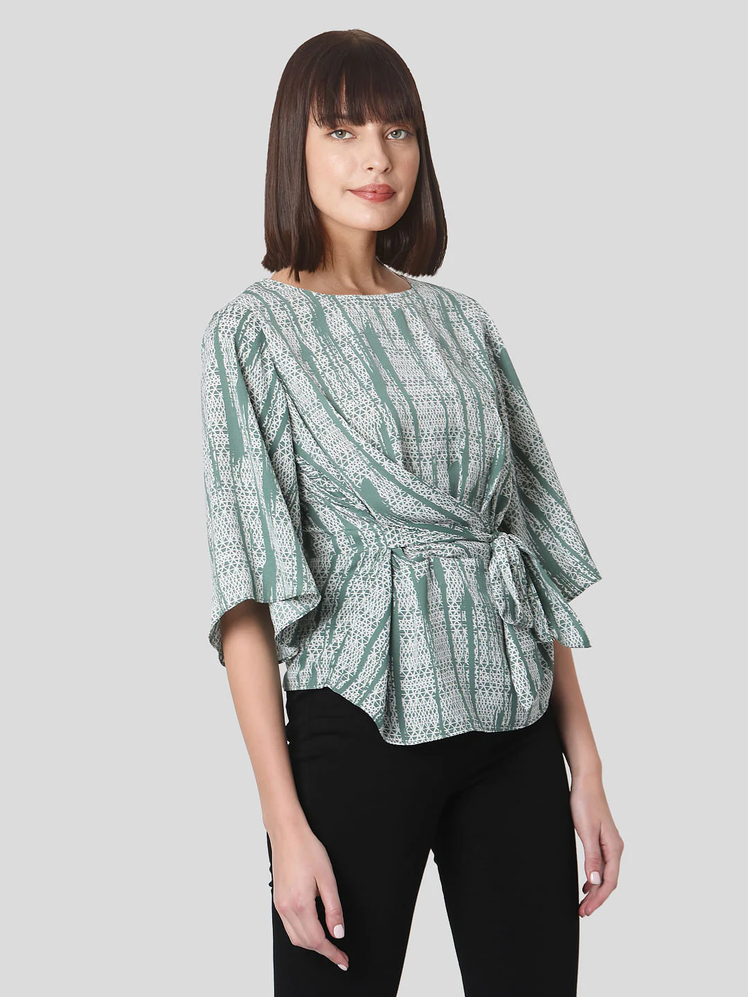 Green Geometric Print Wrap Top - Image 3