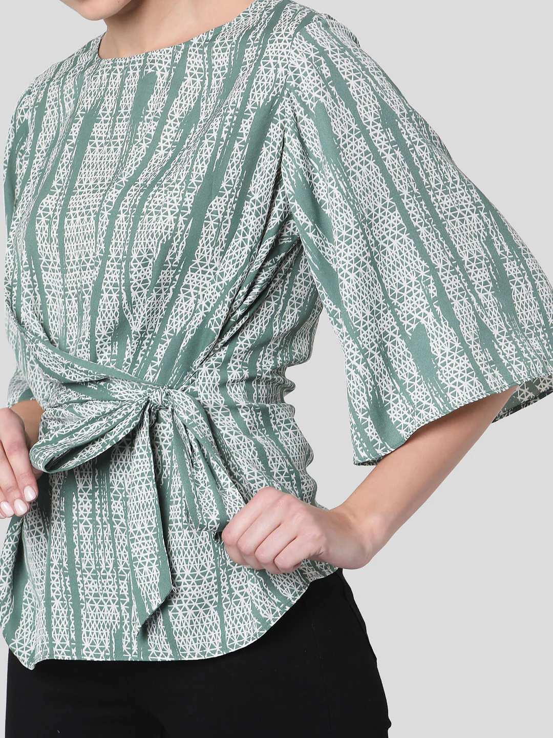 Green Geometric Print Wrap Top - Image 6