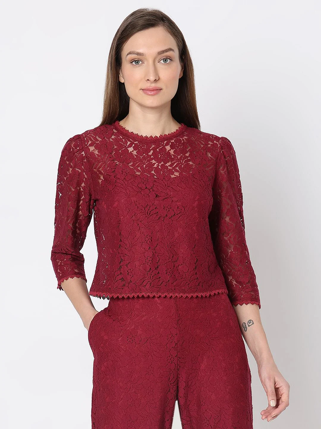 Maroon Lace Co-Ord Set Top - Image 2