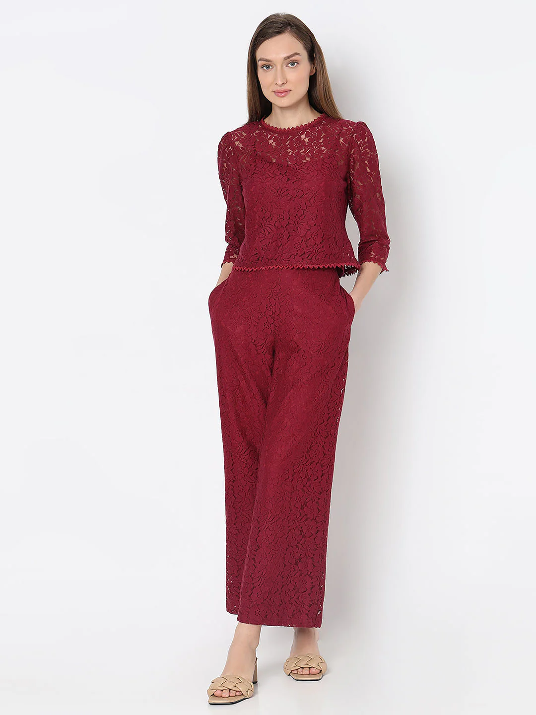 Maroon Lace Co-Ord Set Top - Image 5