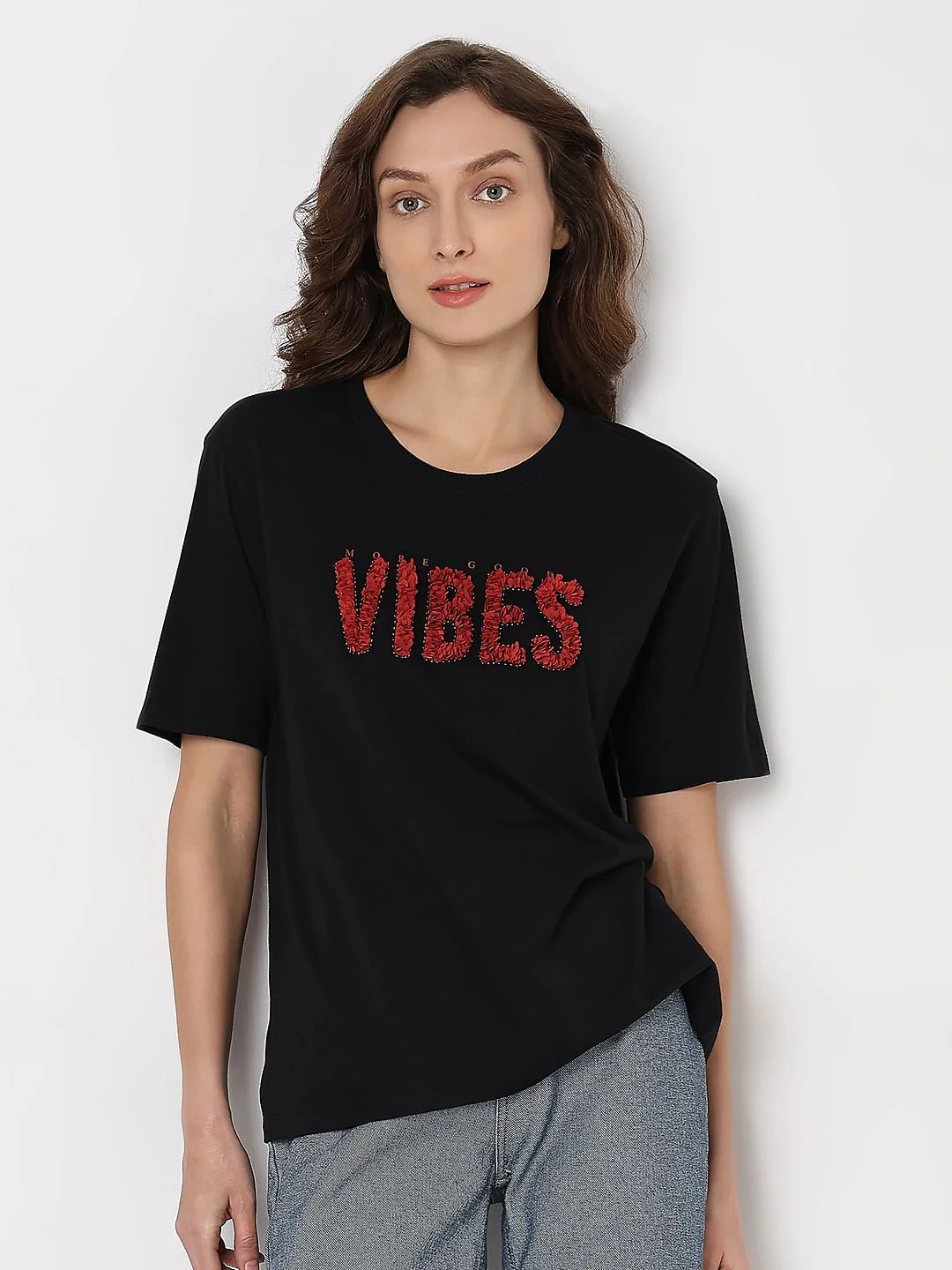 Black Textured Embroidery T-Shirt - Image 2