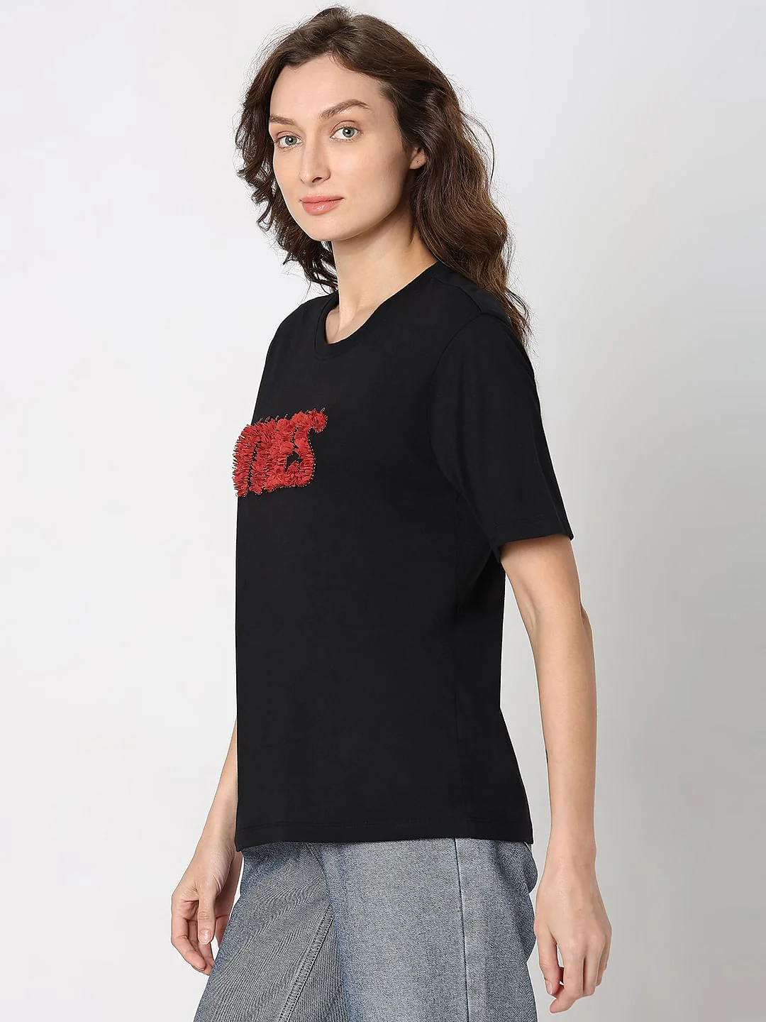 Black Textured Embroidery T-Shirt - Image 3