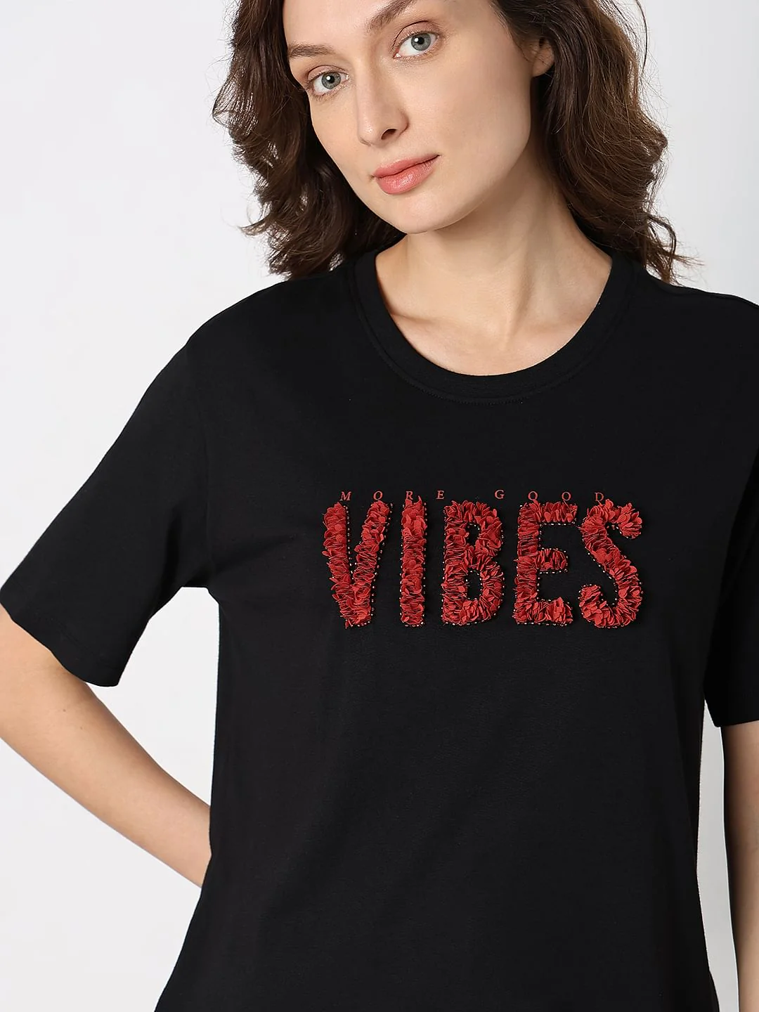 Black Textured Embroidery T-Shirt - Image 6