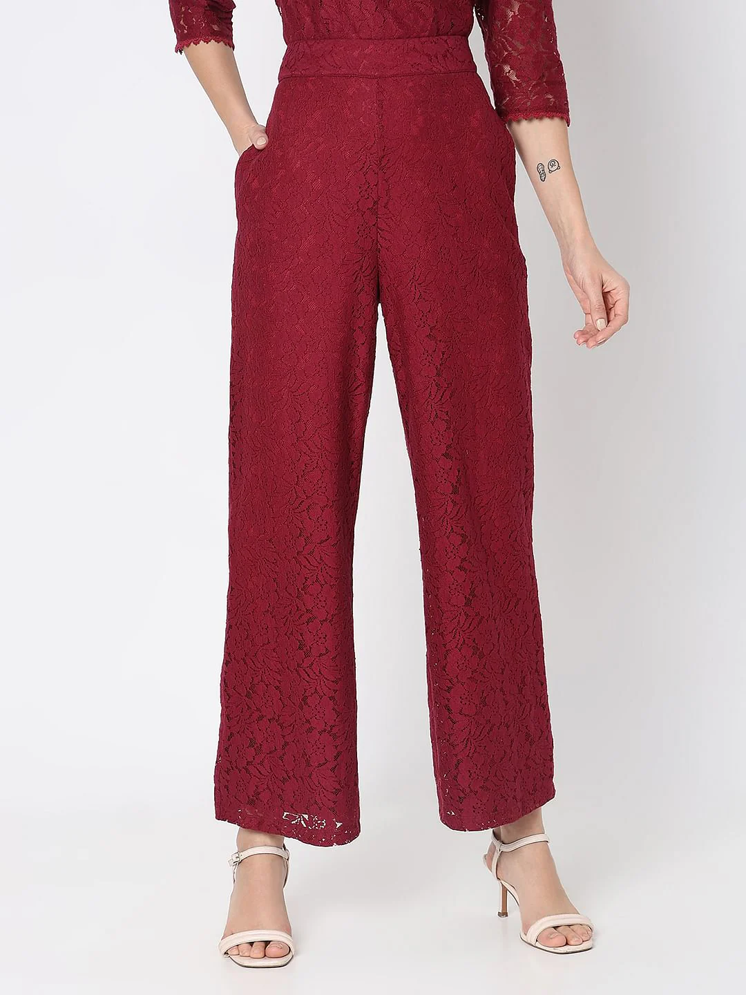 Maroon High Rise Lace Co-Ord Set Pants - Image 2