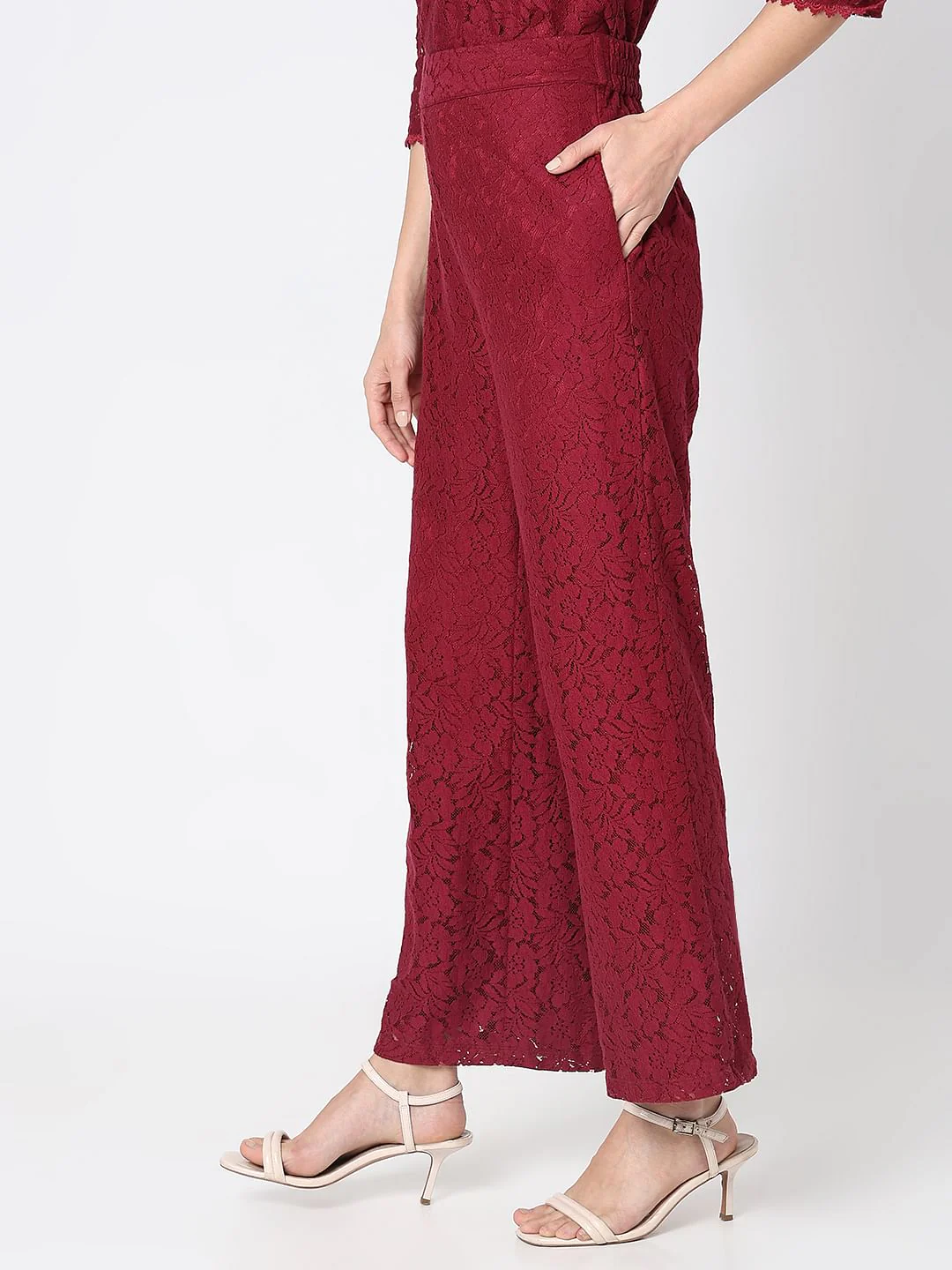 Maroon High Rise Lace Co-Ord Set Pants - Image 3