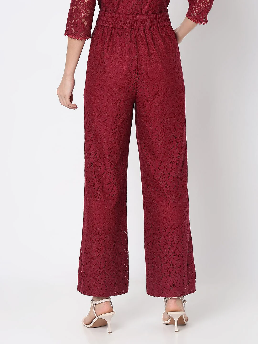 Maroon High Rise Lace Co-Ord Set Pants - Image 4