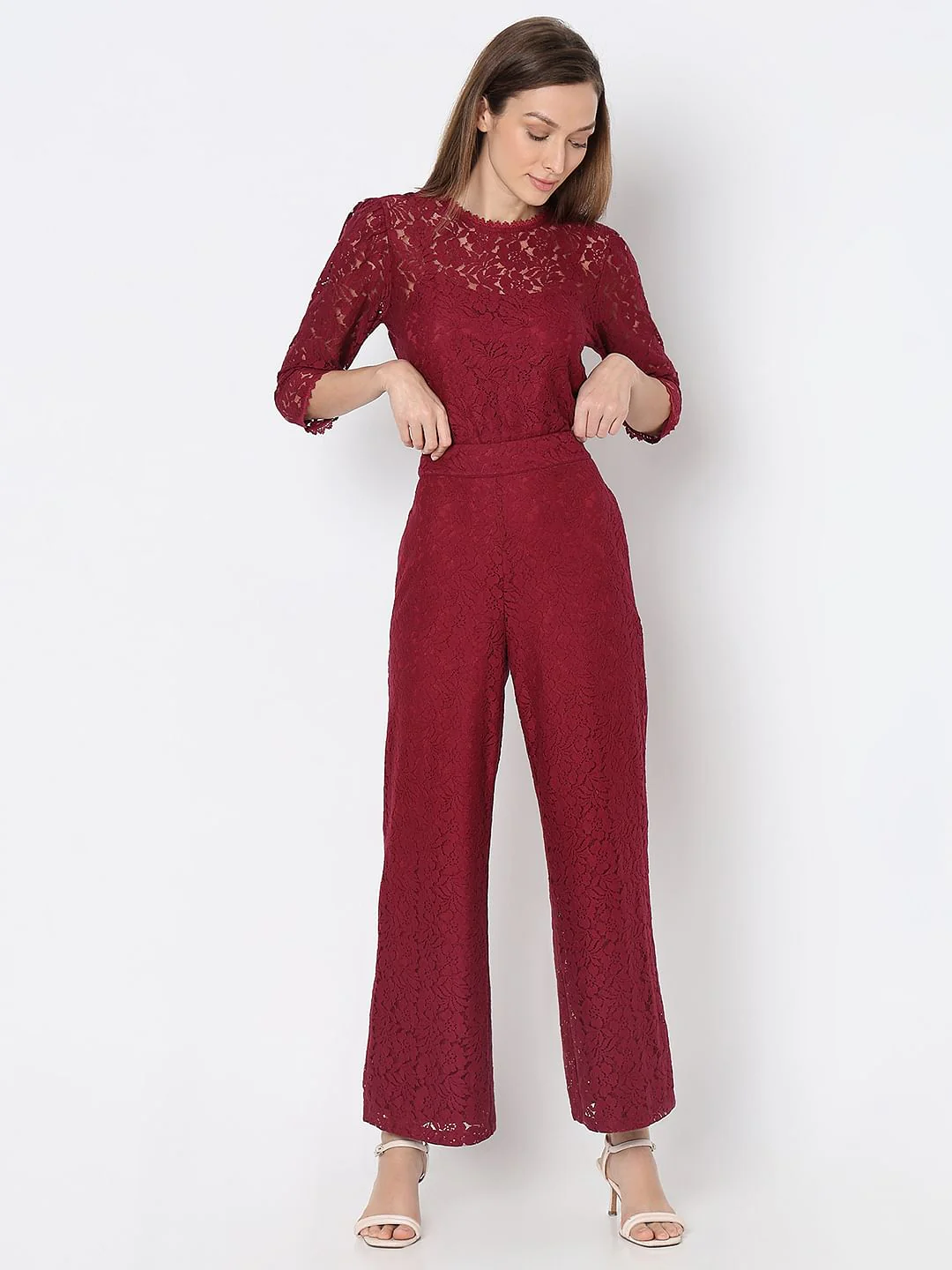 Maroon High Rise Lace Co-Ord Set Pants - Image 5