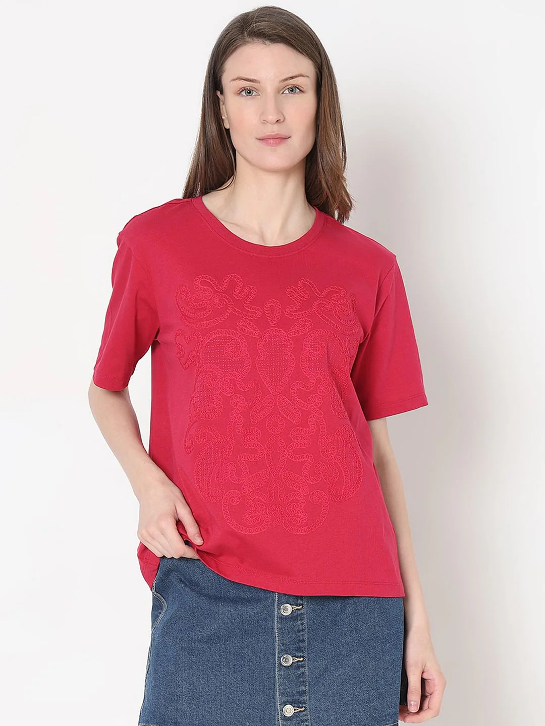 Pink Embroidered Cotton T-Shirt - Image 2