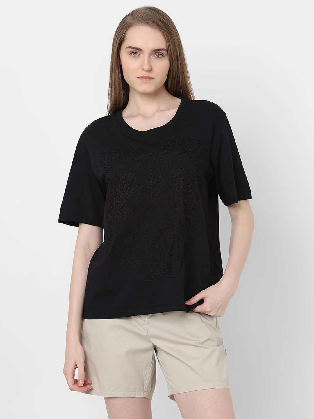 Black Embroidered Cotton T-Shirt - Image 2