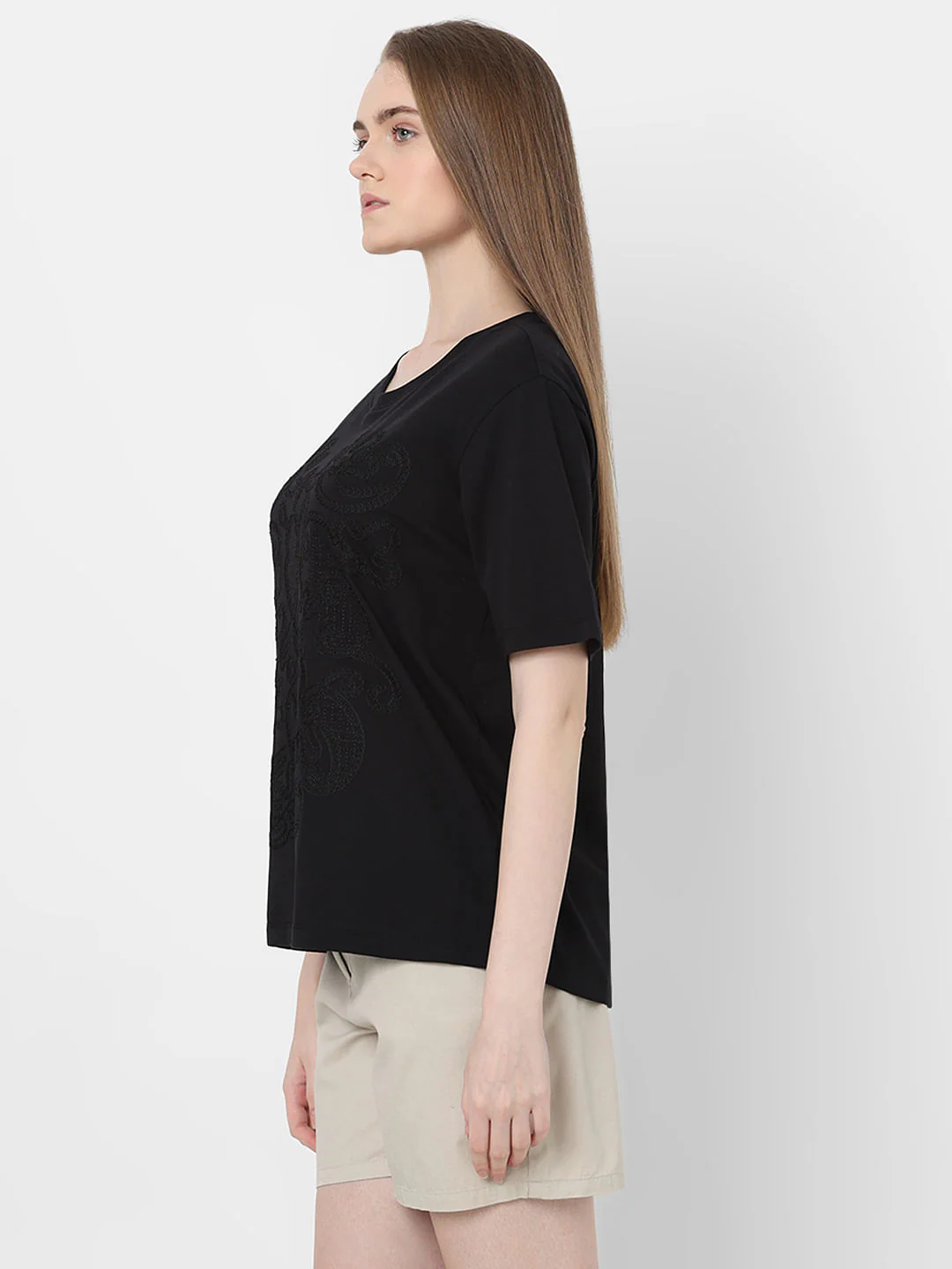 Black Embroidered Cotton T-Shirt - Image 3