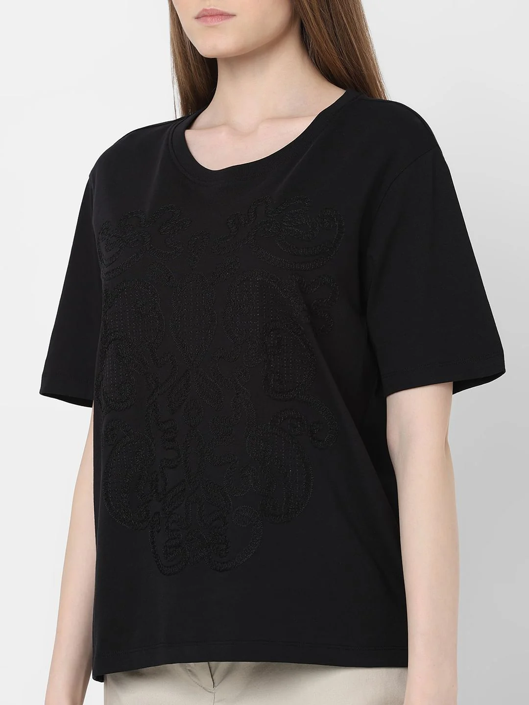 Black Embroidered Cotton T-Shirt - Image 6