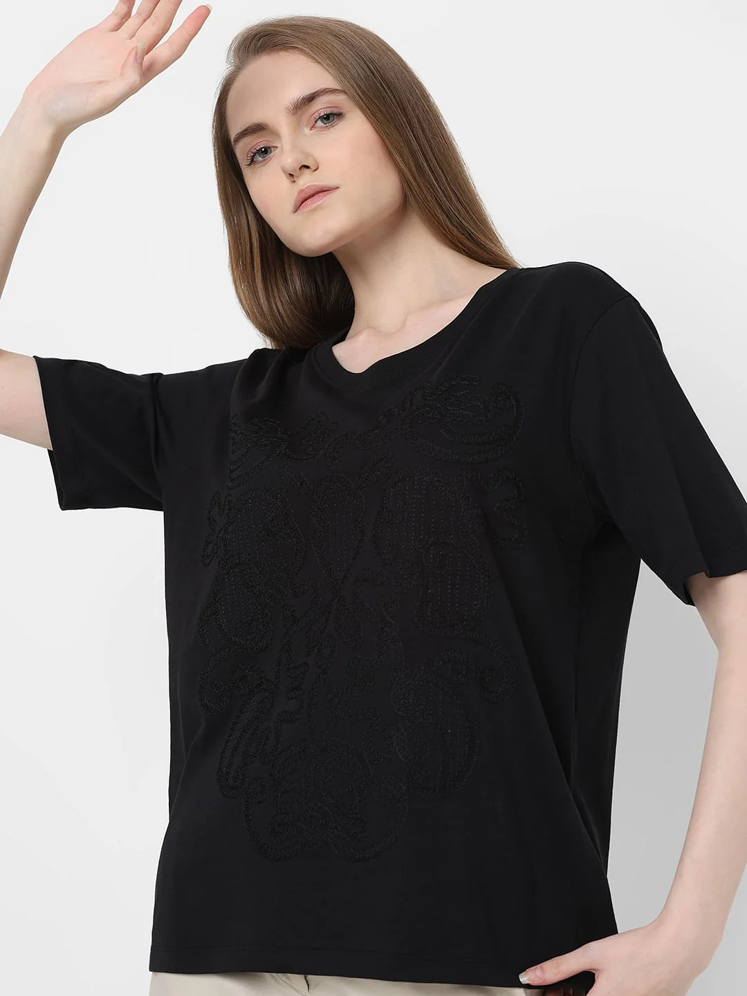 Black Embroidered Cotton T-Shirt - Image 8