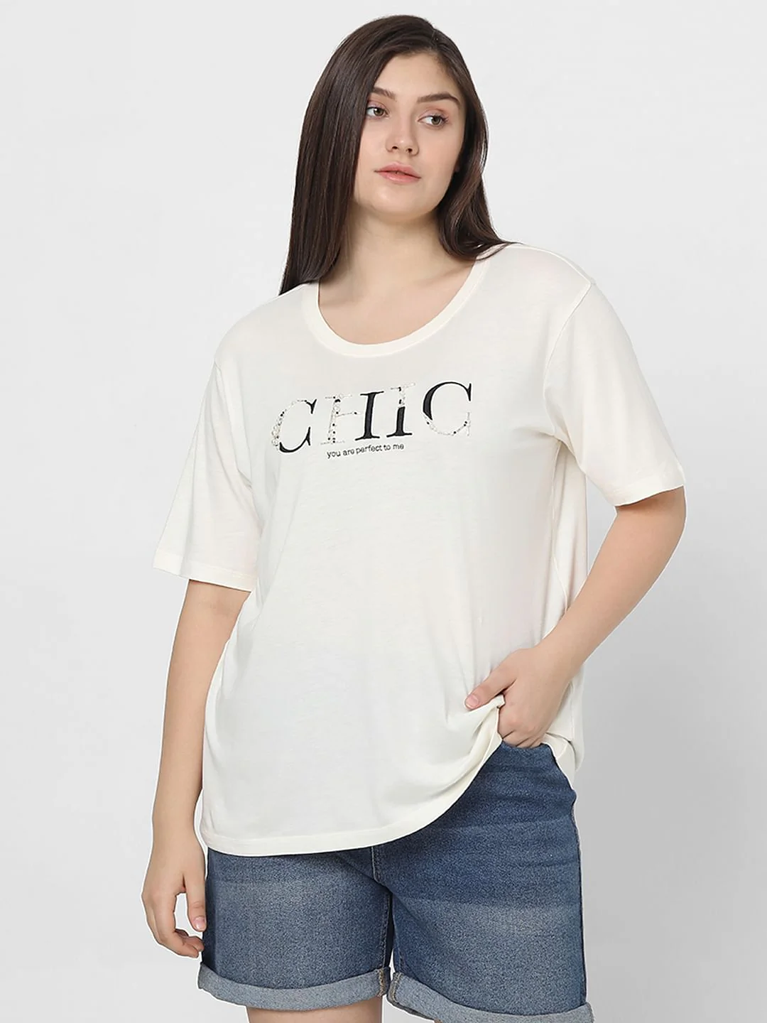 Curve White Pearl Embellished T-Shirt - Image 2