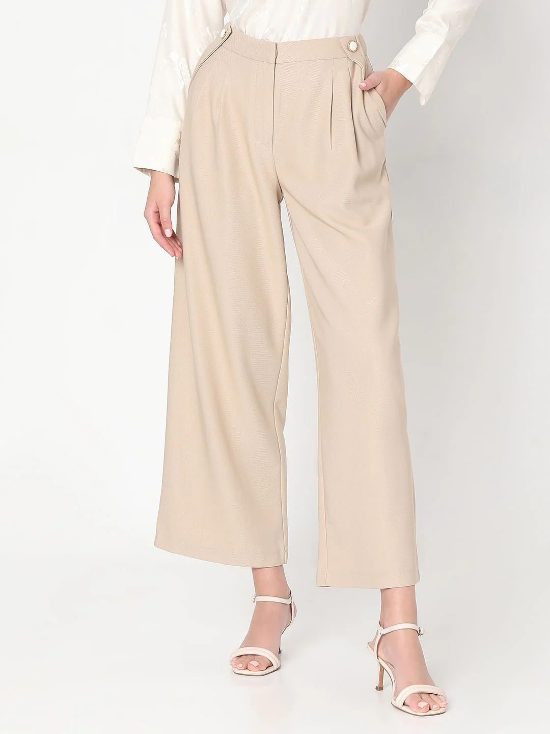 Beige Pearl Button Wide Leg Pants - Image 2