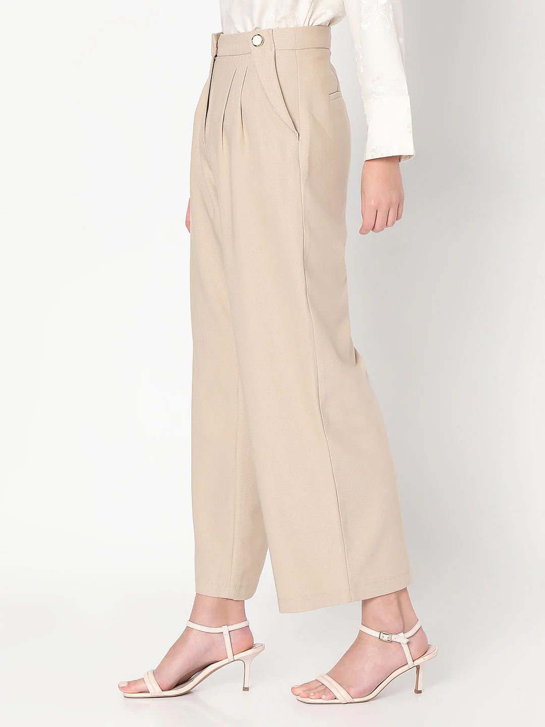 Beige Pearl Button Wide Leg Pants - Image 3