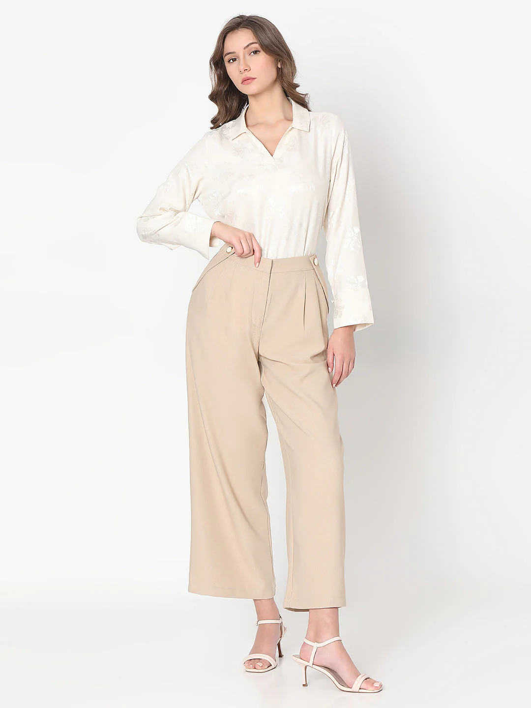 Beige Pearl Button Wide Leg Pants - Image 5