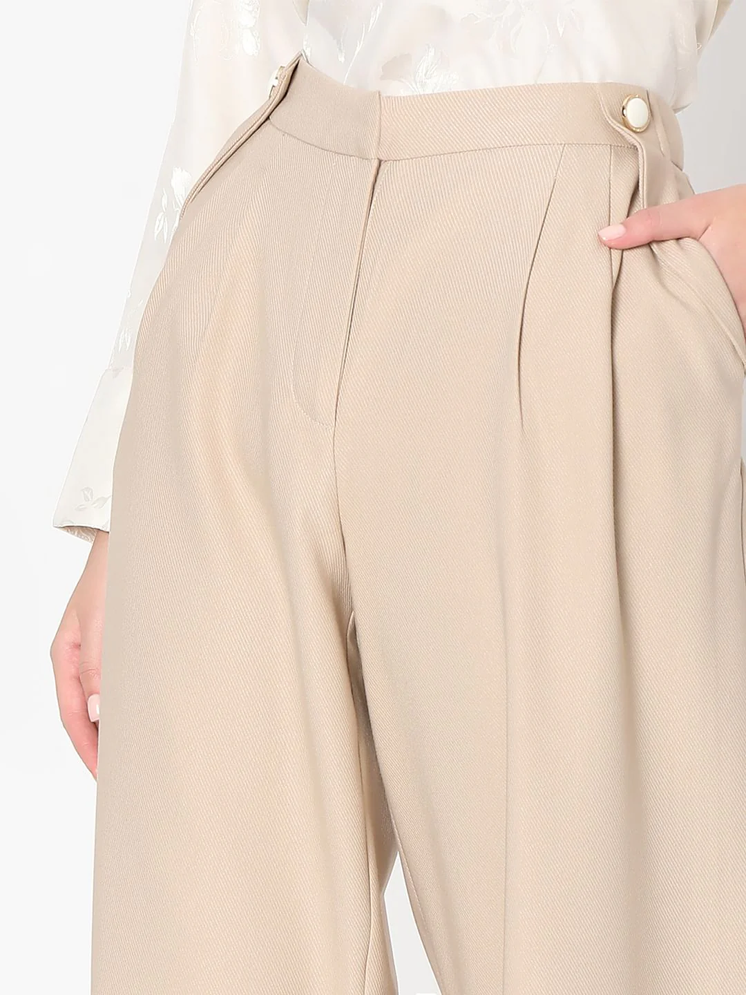 Beige Pearl Button Wide Leg Pants - Image 6