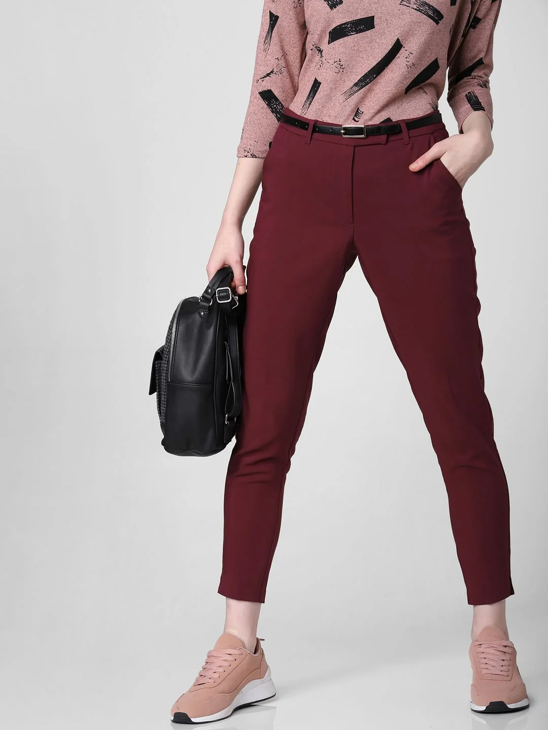 Burgundy Mid Rise Slim Trousers - Image 2