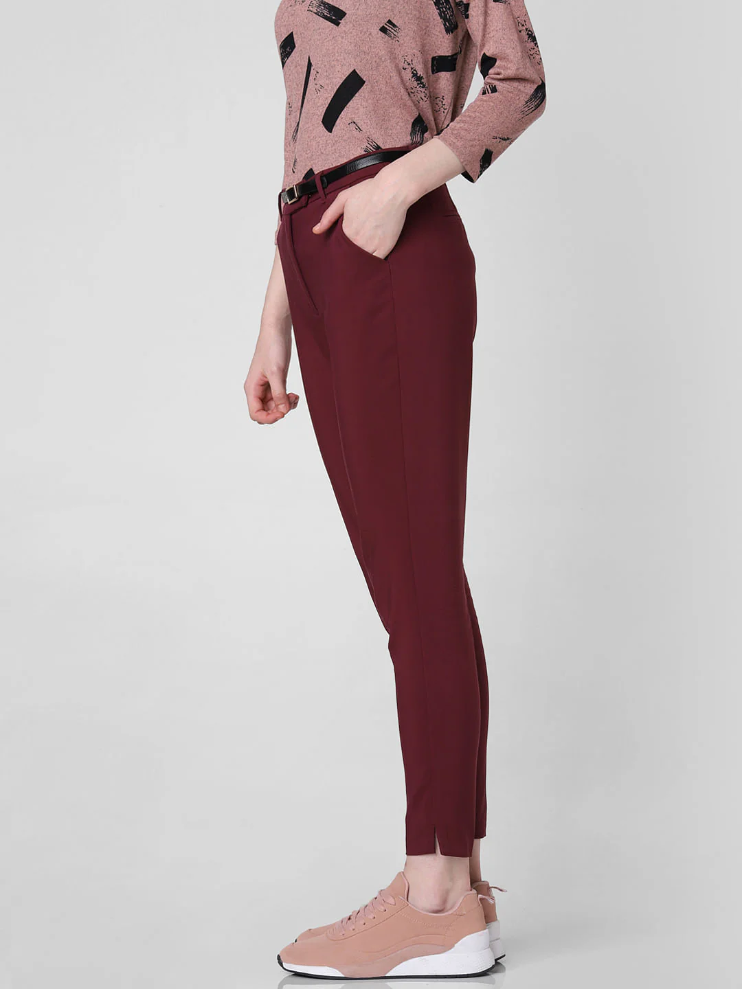 Burgundy Mid Rise Slim Trousers - Image 3