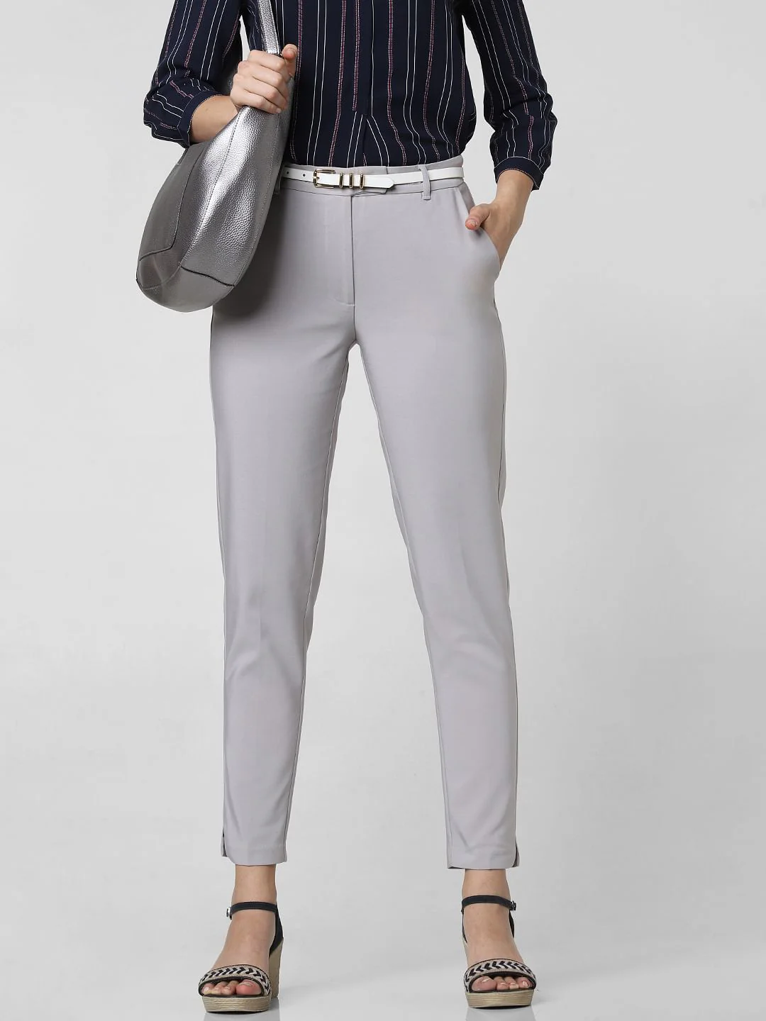 Grey Mid Rise Slim Trousers - Image 2