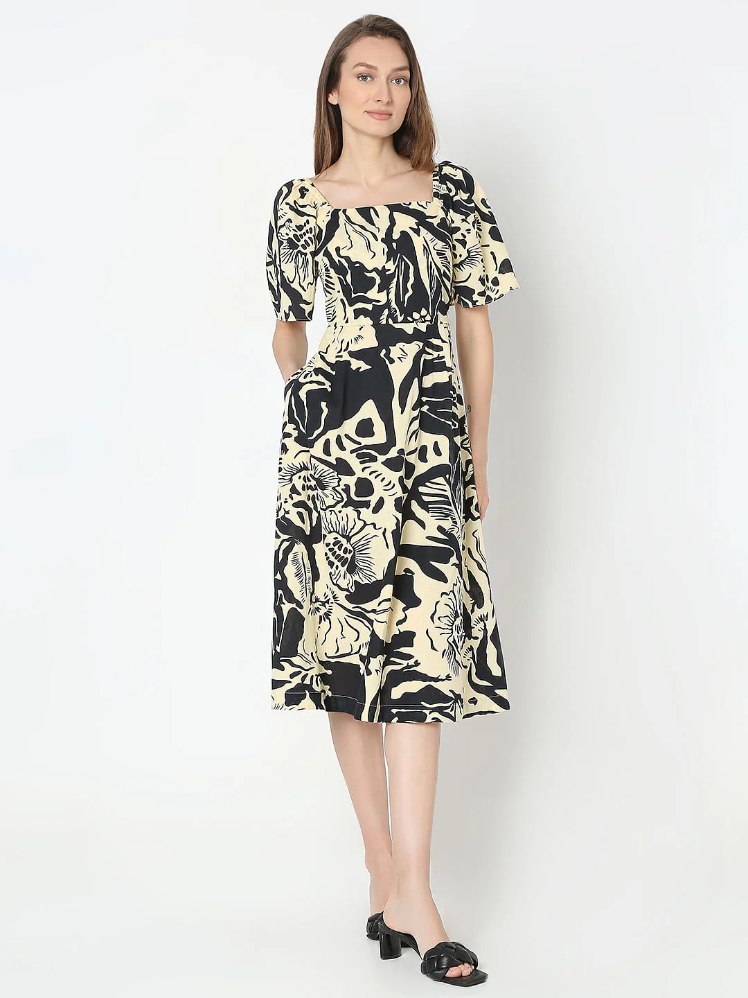 Beige Abstract Print Midi Dress - Image 2
