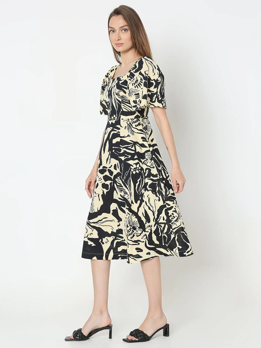 Beige Abstract Print Midi Dress - Image 3