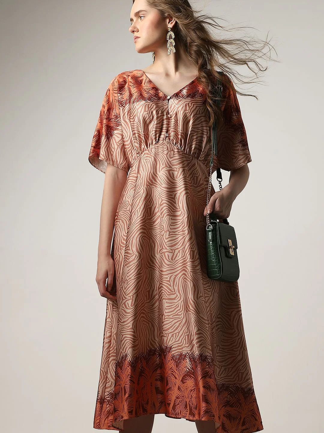 Orange Printed Midi Dress