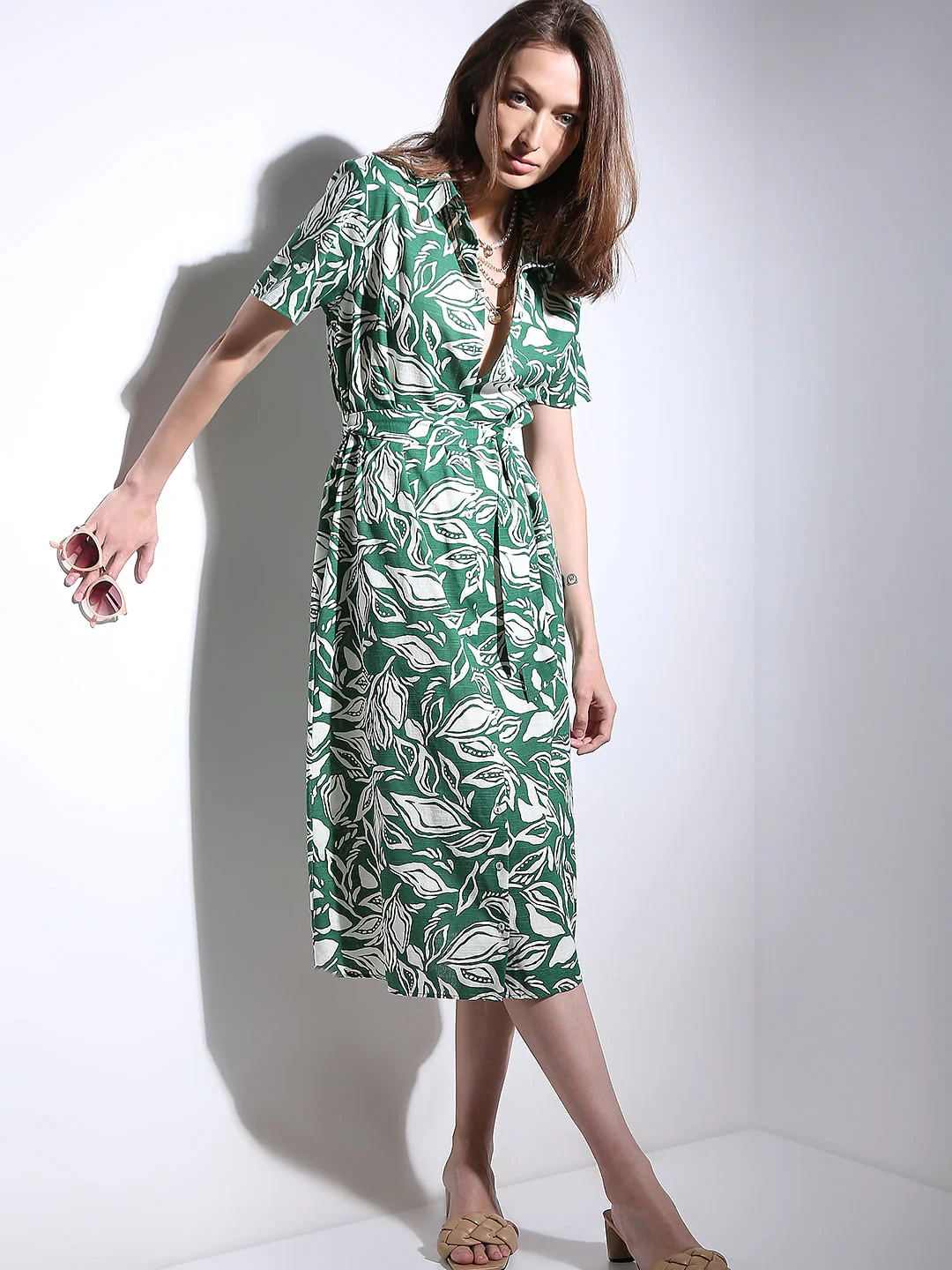 Green Abstract Print Shirt Dress