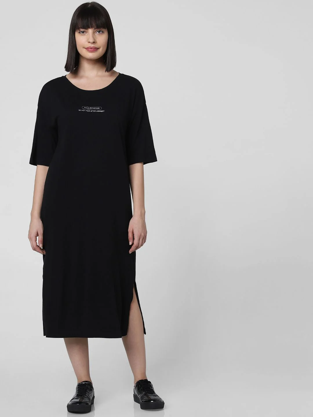 Black Text Print Midi Dress