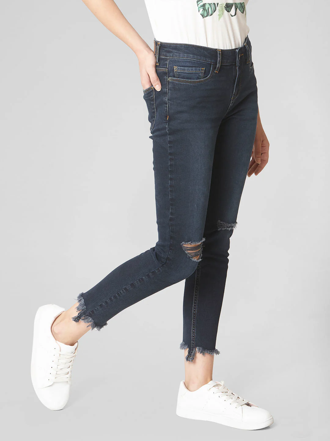 Dark Blue Mid Rise Ripped Skinny Jeans - Image 3