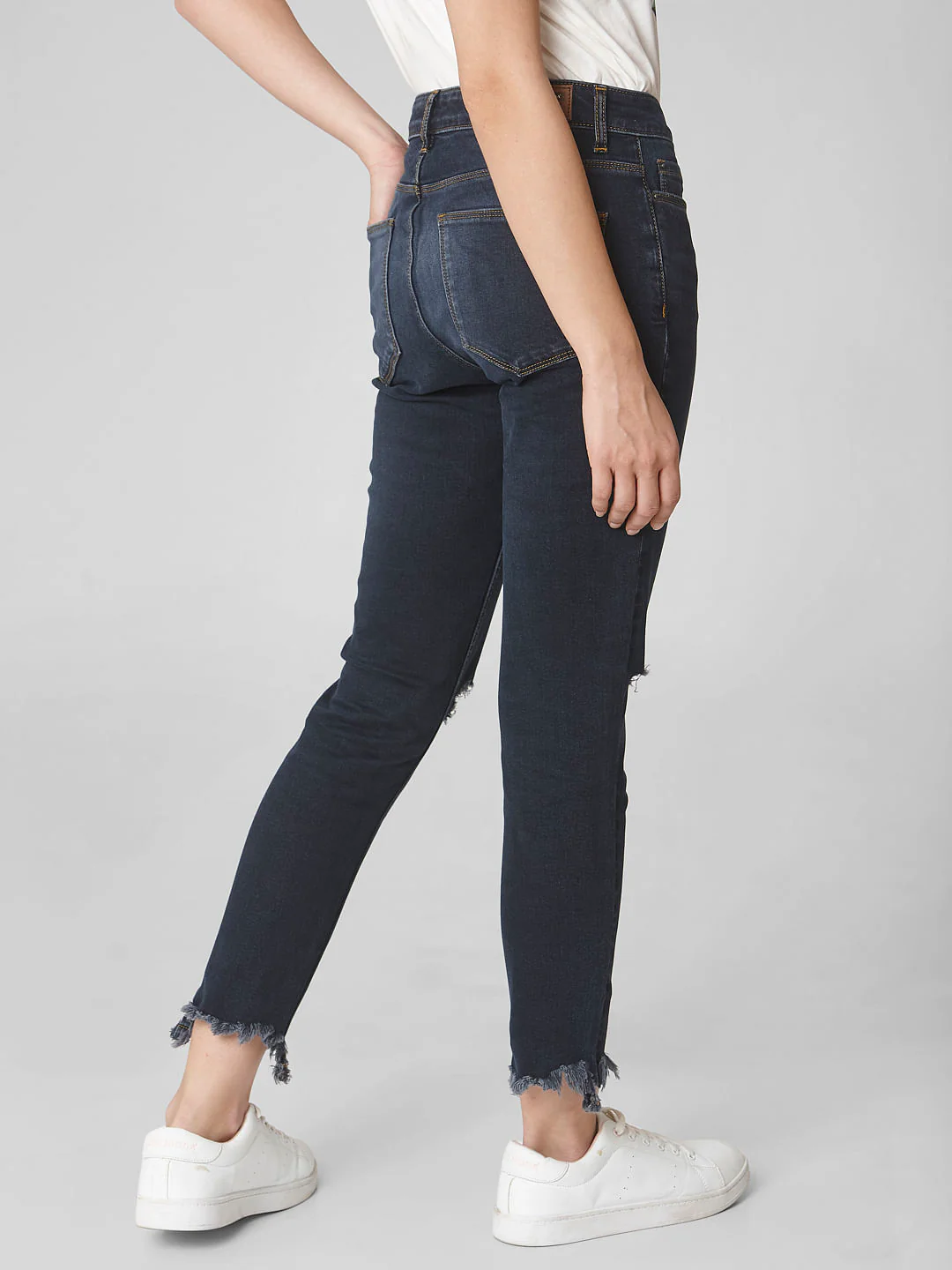 Dark Blue Mid Rise Ripped Skinny Jeans - Image 4