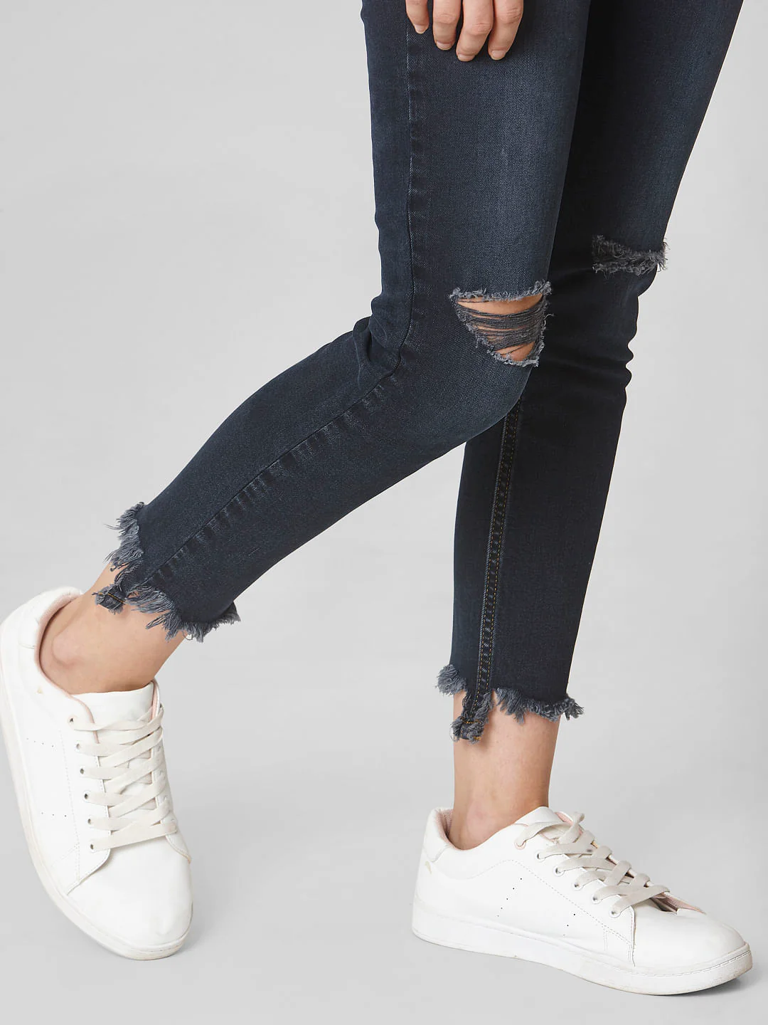 Dark Blue Mid Rise Ripped Skinny Jeans - Image 5