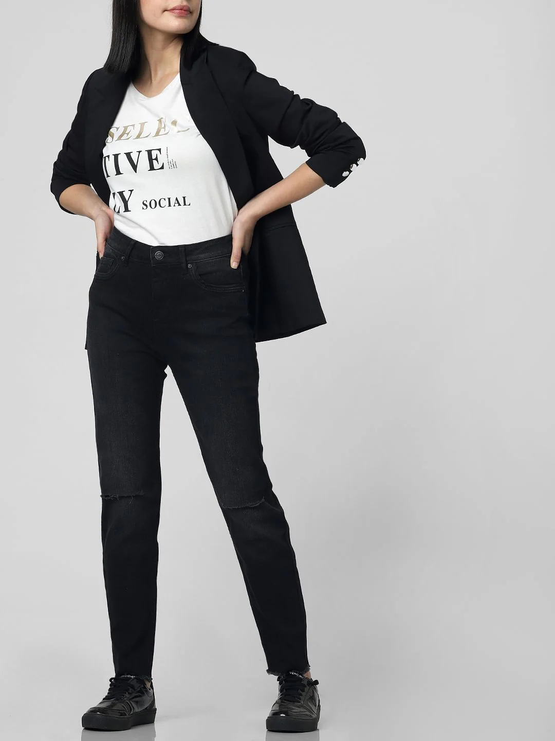 Dark Grey High Rise Knee Slit Skinny Jeans - Image 2