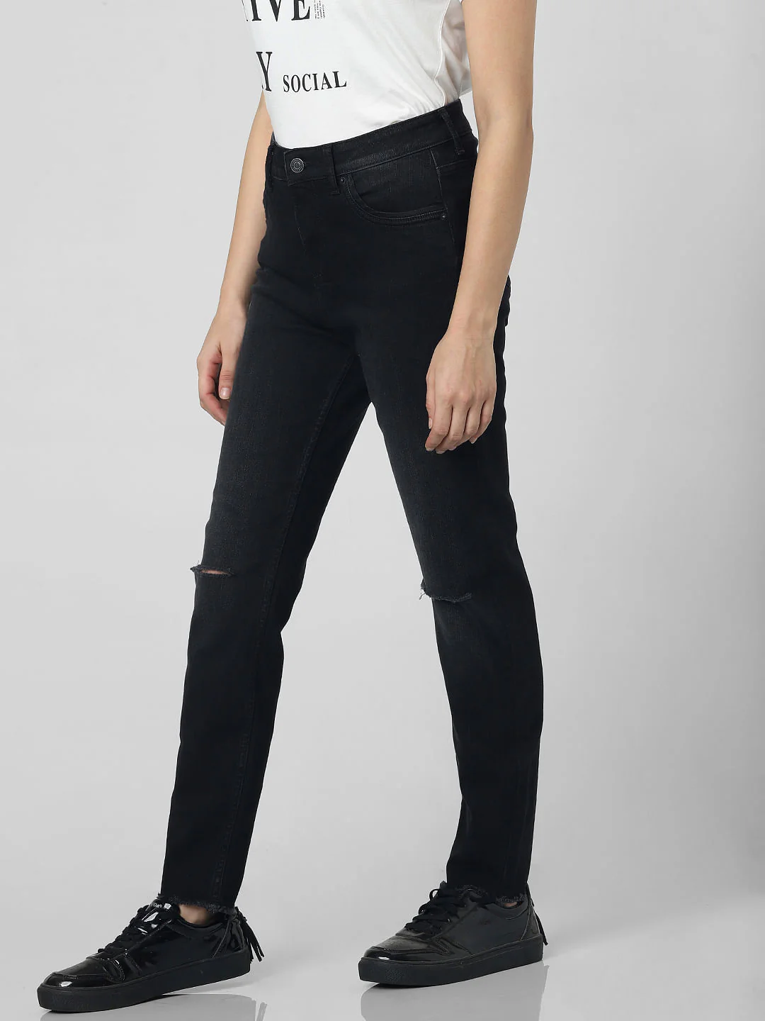 Dark Grey High Rise Knee Slit Skinny Jeans - Image 3
