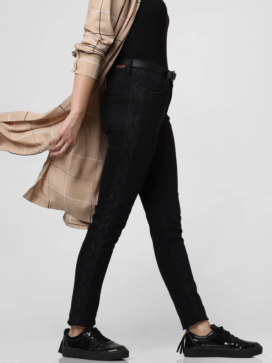 Dark Grey Mid Rise Tape Detail Skinny Jeans - Image 2