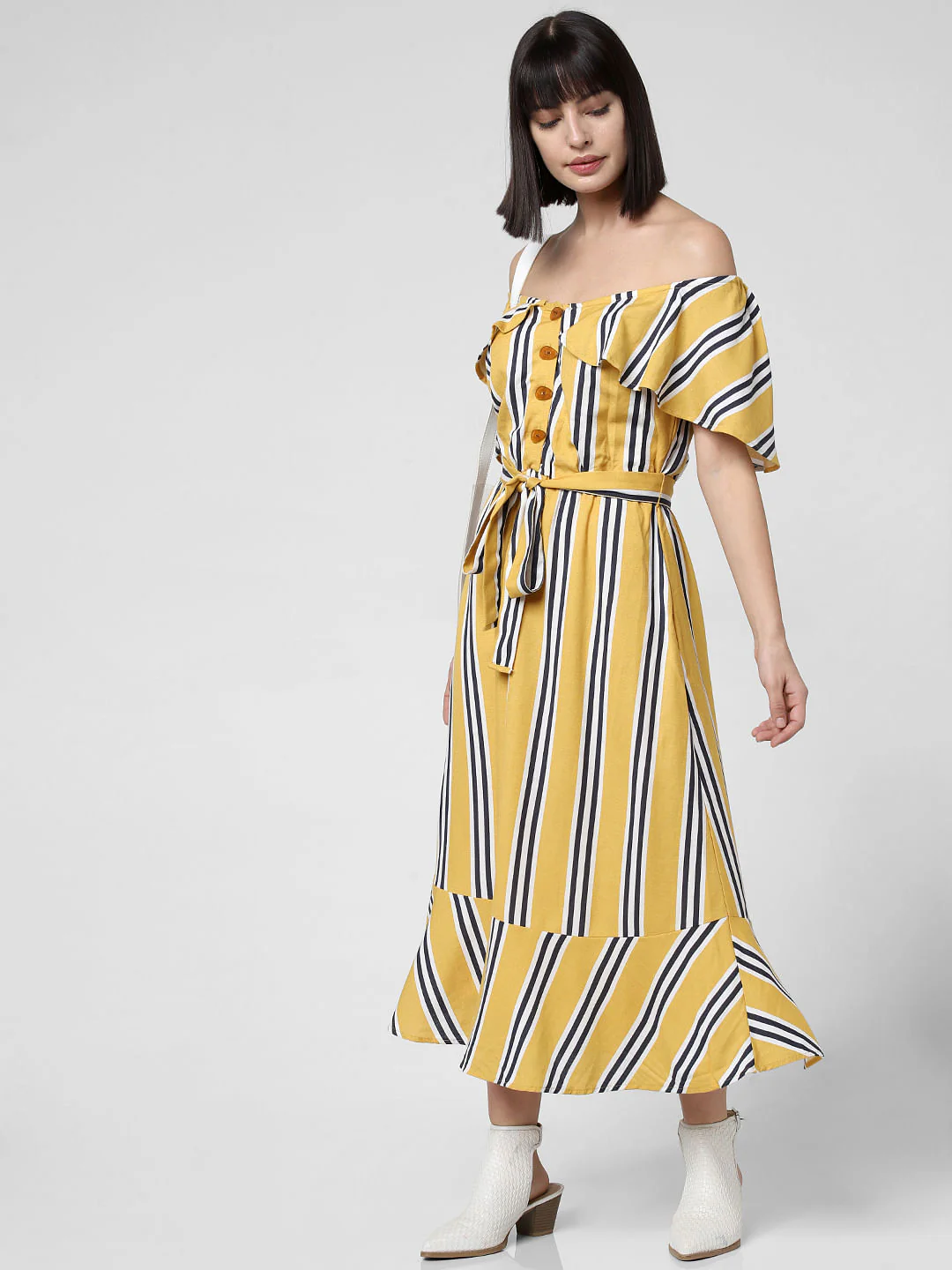Yellow Striped Off-Shoulder Dress - Image 2