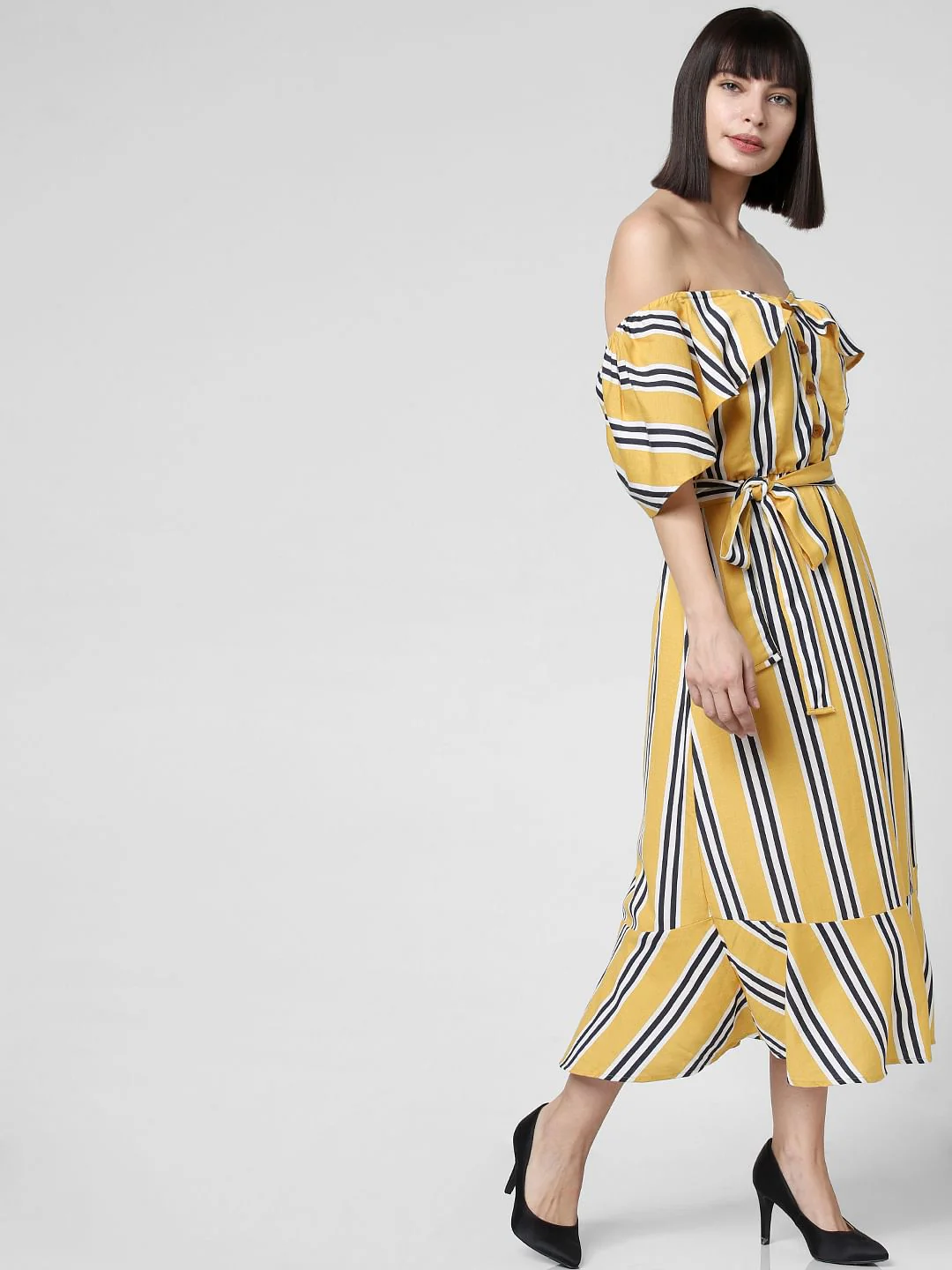 Yellow Striped Off-Shoulder Dress - Image 3