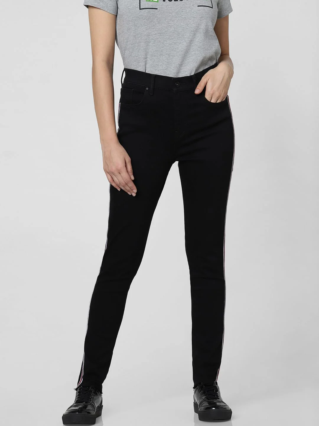 Black High Rise Tape Detail Skinny Fit Jeans