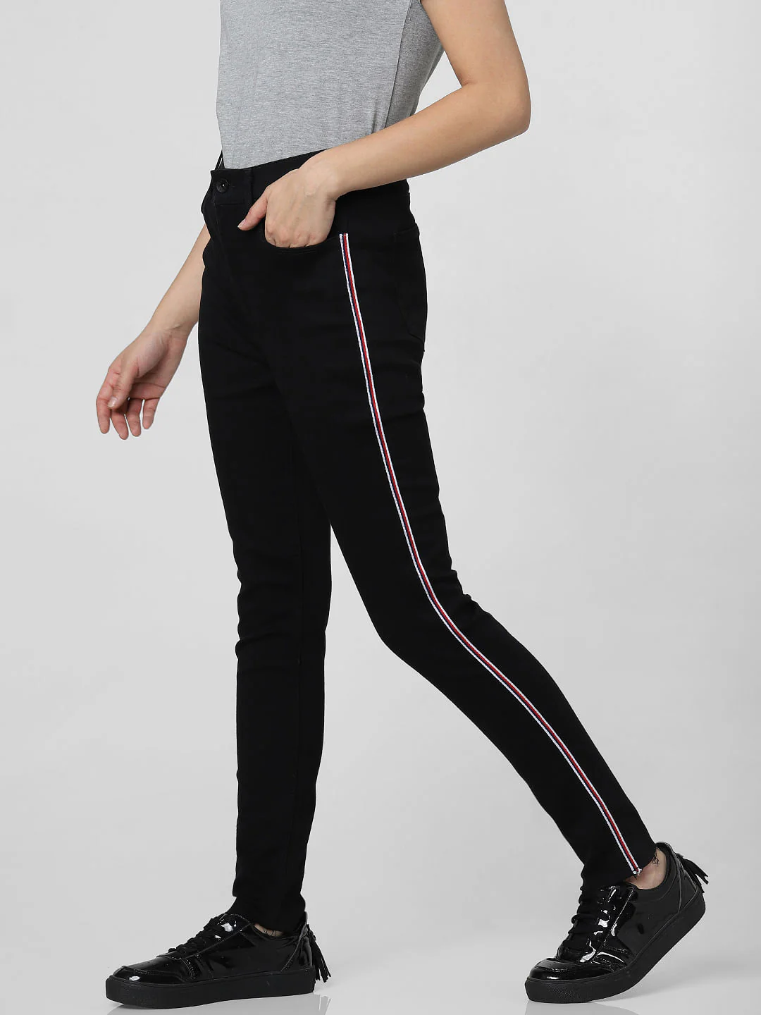 Black High Rise Tape Detail Skinny Fit Jeans - Image 3