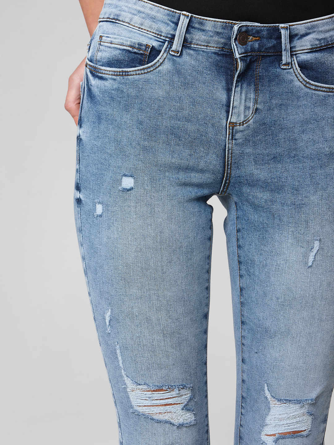 Blue Mid Rise Ripped Skinny Jeans - Image 5